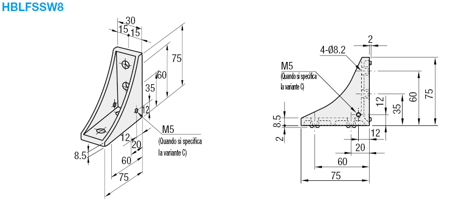 Serie 8/Staffe invertibili con aletta/1 cava/4 fori:Immagine relativa