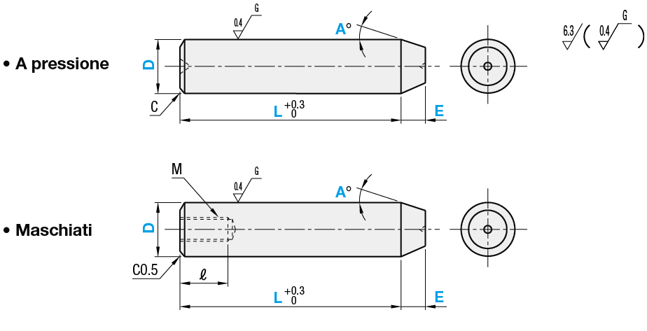 Perni di posizionamento/Dritti/tolleranza D/maschiati:Immagine relativa