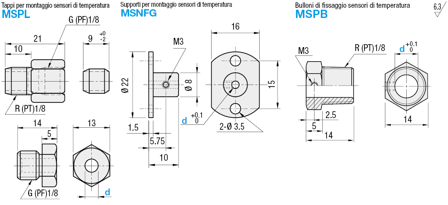 Parti di collegamento per sensori di temperatura/Spine/Supporti di montaggio:Immagine relativa