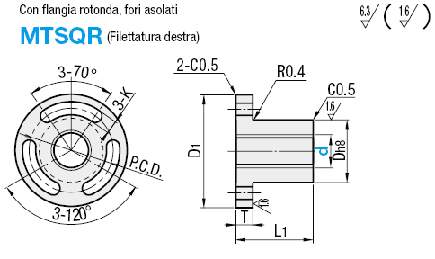 Chiocciole per viti di trasmissione/Flangia rotonda/fori asolati/filettatura destra:Immagine relativa