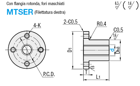 Chiocciole per viti di trasmissione/Flangia rotonda/fori maschiati/filettatura destra:Immagine relativa