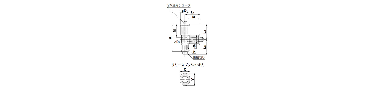 Male Run Tee KQ2Y (Gasket Seal) outline drawing 