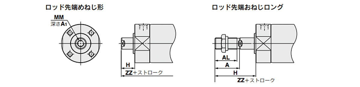 Rod-end female thread / Long rod-end male thread dimensional drawing