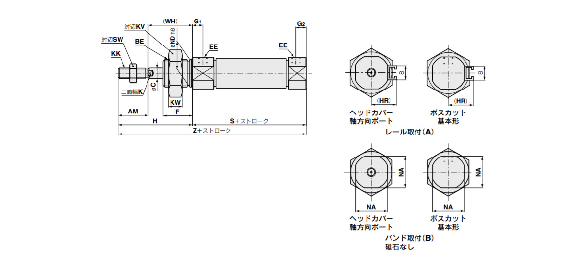 Boss-cut / Basic Head cover axial port Rubber bumper: C□85F/Y [Bore size]-[Stroke]-□ dimensional drawing