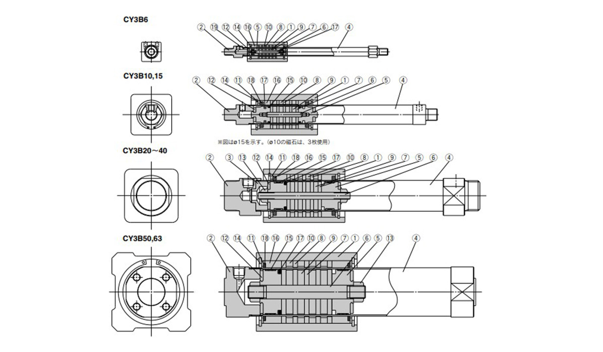 Magnetically Coupled Rodless Cylinder, Basic Type, CY3B Series, structural drawing