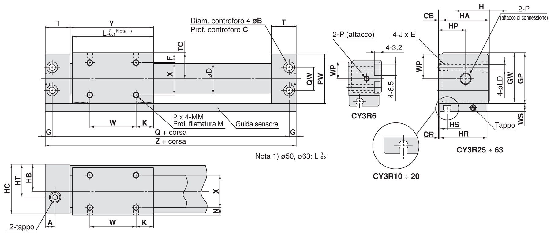 Tipo di tubazioni su entrambi i lati: ⌀6 (diametro 6 mm) a ⌀63 (diametro 63 mm) Disegno quotato