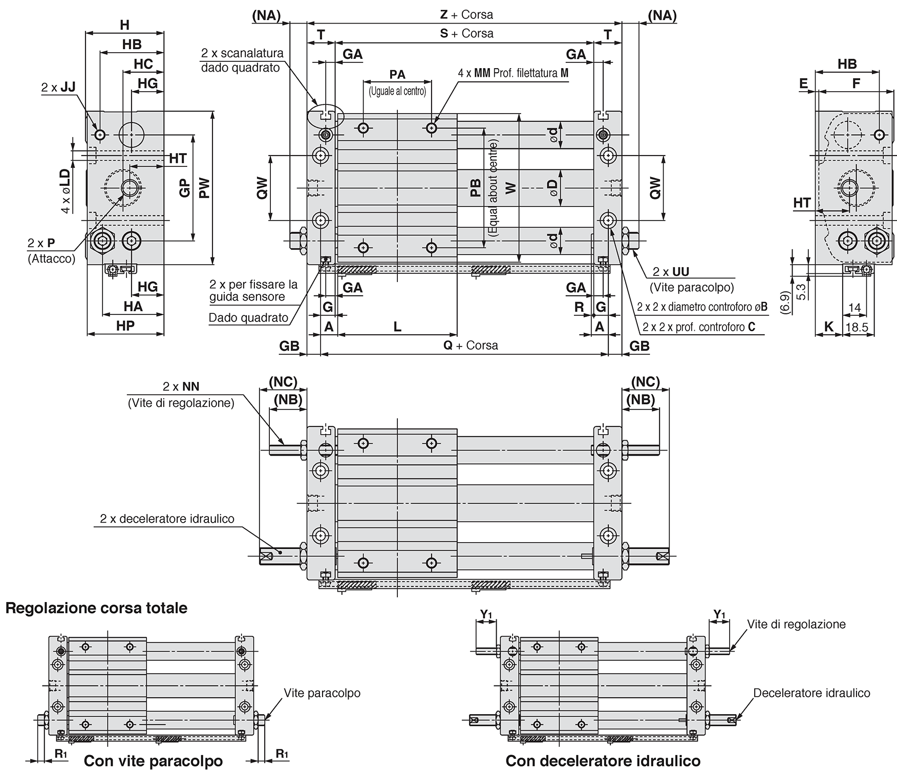 Disegno quotato di CY1S/tipo con tubazioni su entrambi i lati