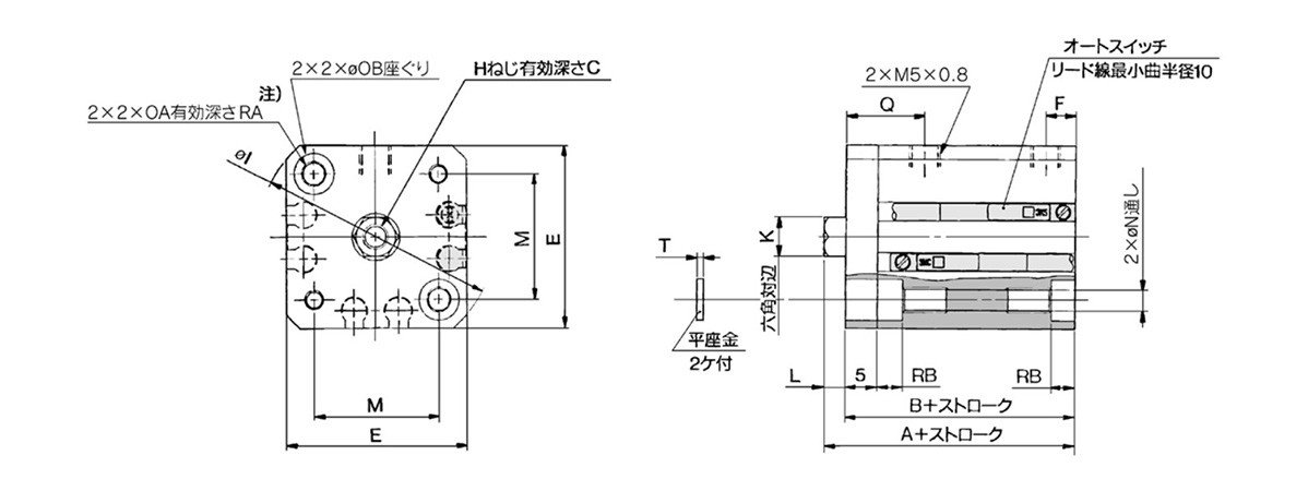 Standard type (through-hole / both ends tapped common): ø16 (16‑mm bore size) dimensional drawing