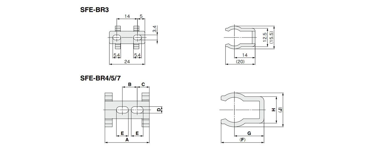 SFE-BR3 (top), SFE-BR4/5/7 dimensional drawing