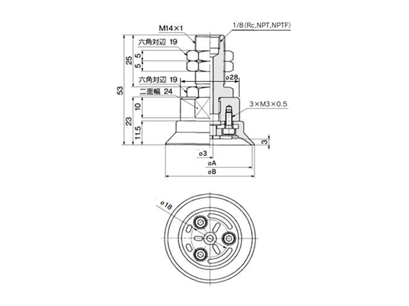 ZPT40/50H□-A14 (male thread) dimensions / structural drawing