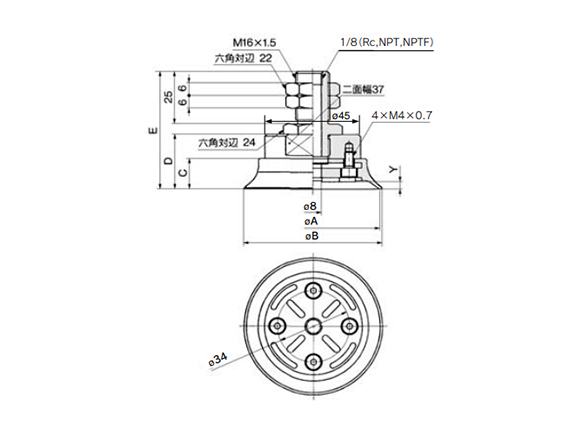 ZPT63/80H□-A16 (male thread) dimensions / structural drawing