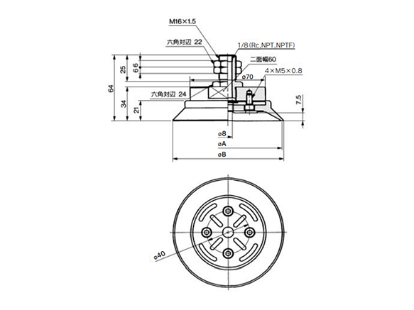 ZPT100/125H□-A16 (male thread) dimensions / structural drawing