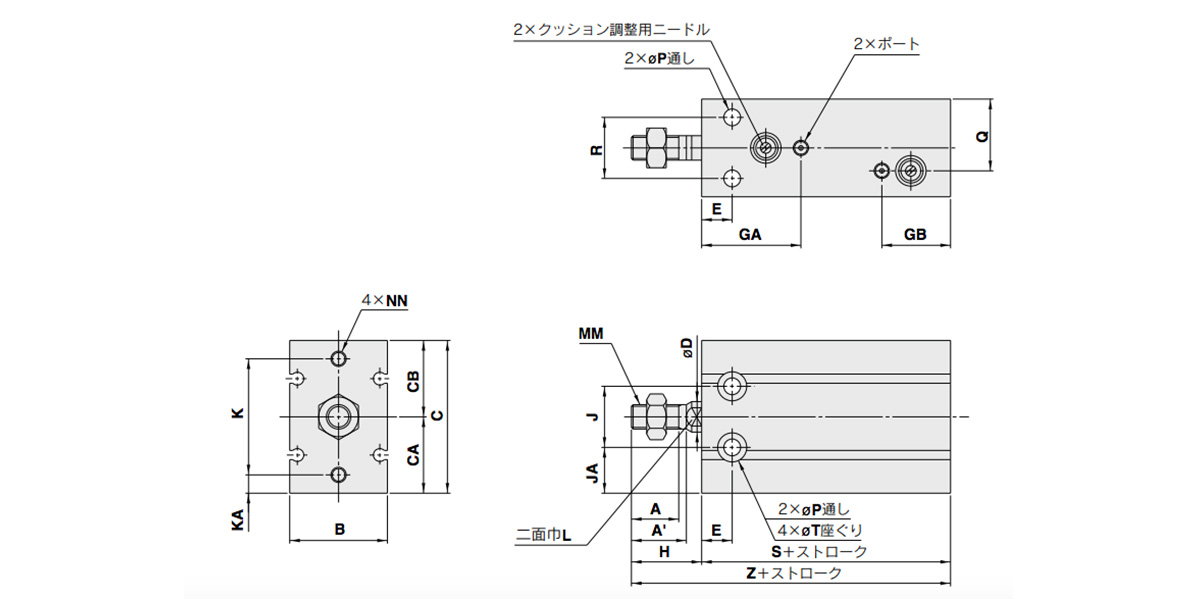 Dimensional drawings: CU Series Free Mount Cylinder With Air Cushion