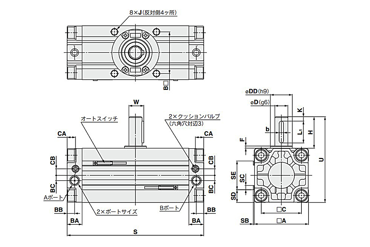 Size 50, 63, 80, 100 / single shaft / C□RA1BS dimensional drawing