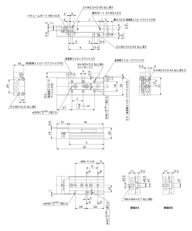 Unità di traslazione pneumatica pulita e a bassa generazione di polvere serie 13/20/22-MXS 13 · 22-MXS6 struttura di base