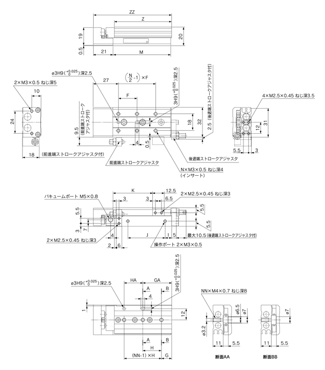 Unità di traslazione pneumatica pulita e a bassa generazione di polvere serie 13/20/22-MXS 13 · 22-MXS6L/struttura simmetrica disegno quotato